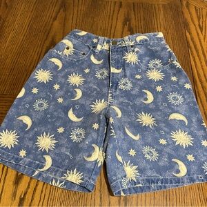 Blue Sun and Moon Patterned Jean Shorts XS